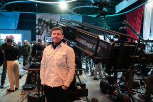 FoMaSystems Support Technican Yahia next to FoMa Antares at Berlinale Brunch in Berlin