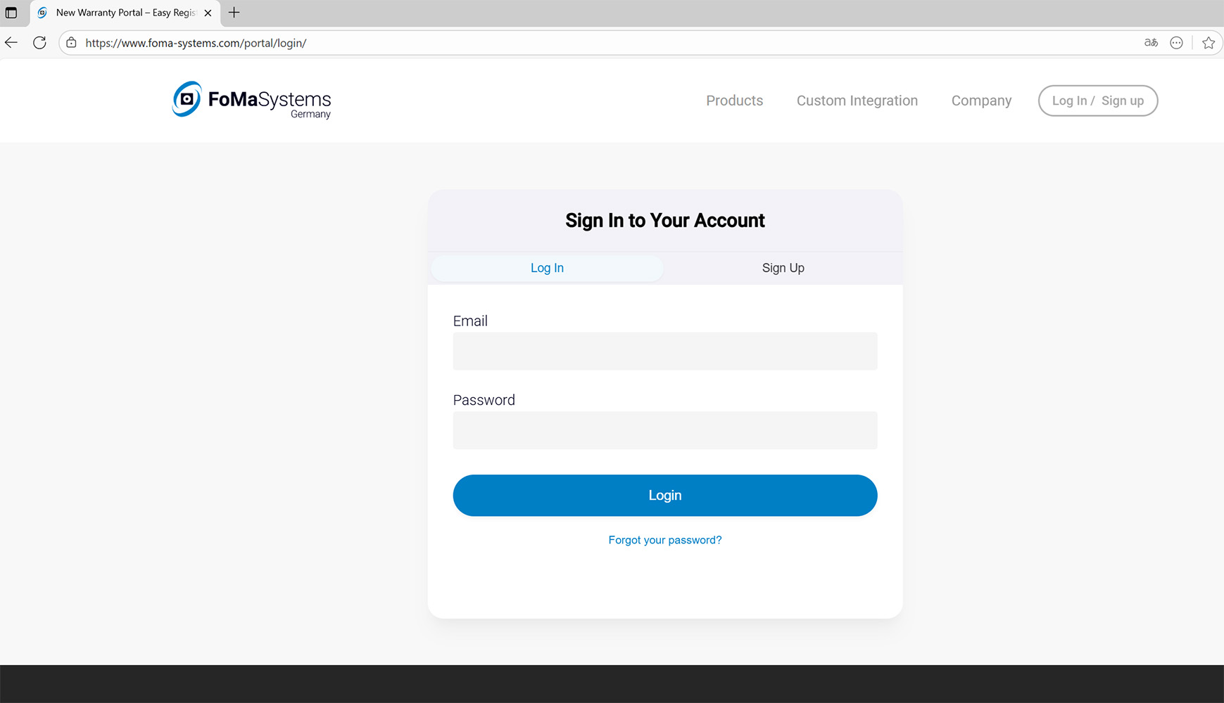 FoMaSystems-Website-Warranty-Portal-Login